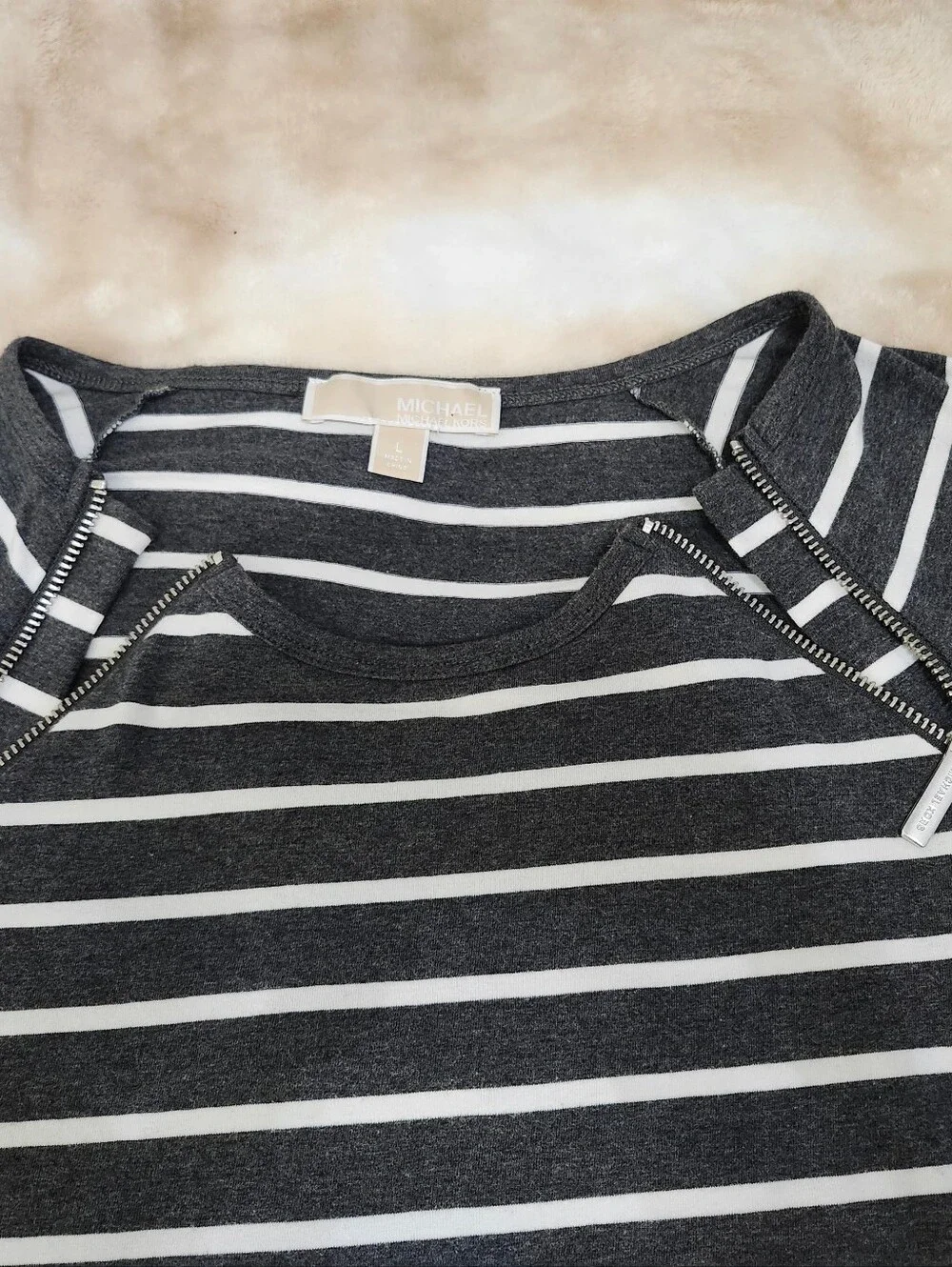 Michael Kors Gray and White Striped 3/4 Sleeve Zipper Raglan Tee Shirt